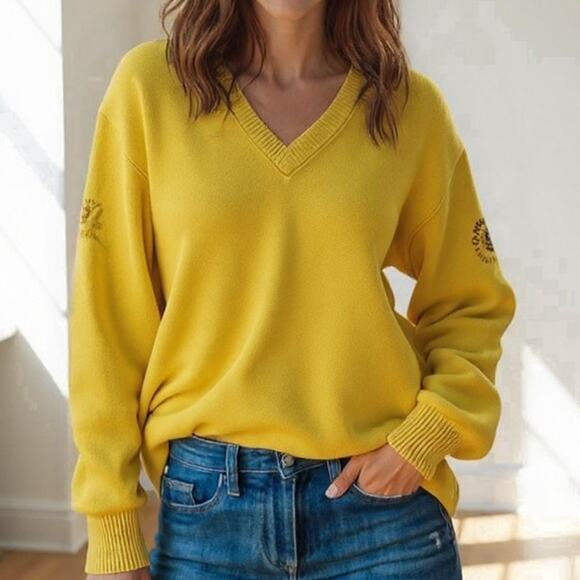 90s LYLE & SCOTT Yellow V-Neck 100% Wool Scottish Oversized Sweater - Picture 1 of 14